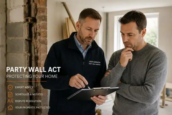 Party wall surveyor Reading discussing extension plans with homeowner outside a UK semi-detached house.
